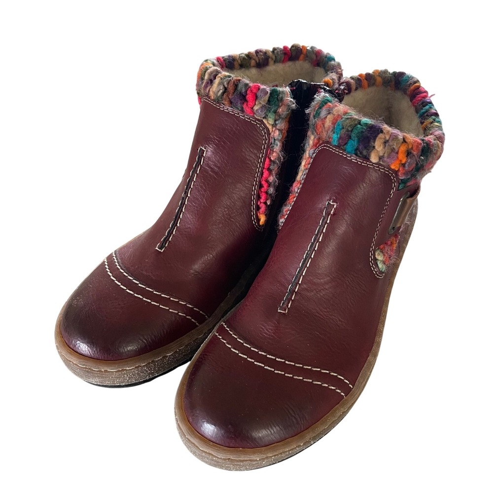Rieker Ankle Boots Womens 37 Burgundy Boho Knit Collar Zip Z6784-35 Antistress
